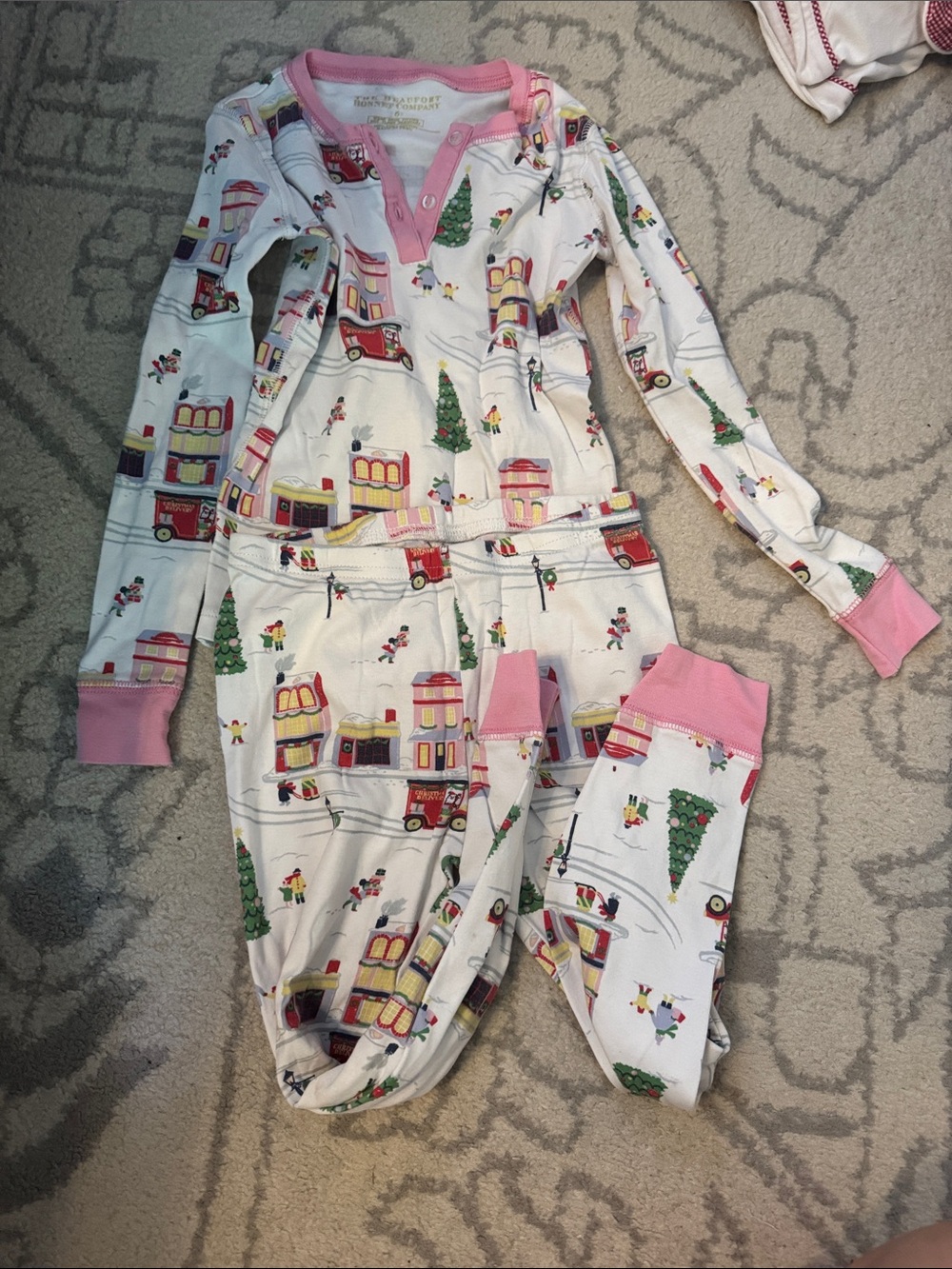 The Beaufort Bonnet Company White Holiday Village Kids Pajama Set with Pink Trim